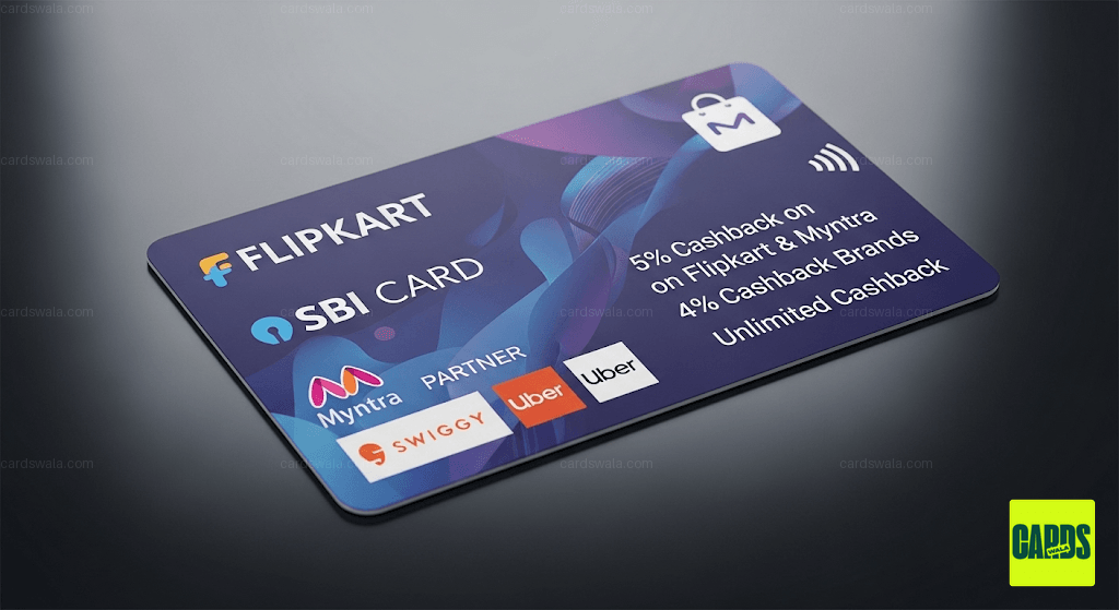 The Flipkart SBI Card displayed with logos of Flipkart, Myntra, and other partner brands, highlighting its shopping and cashback benefits.