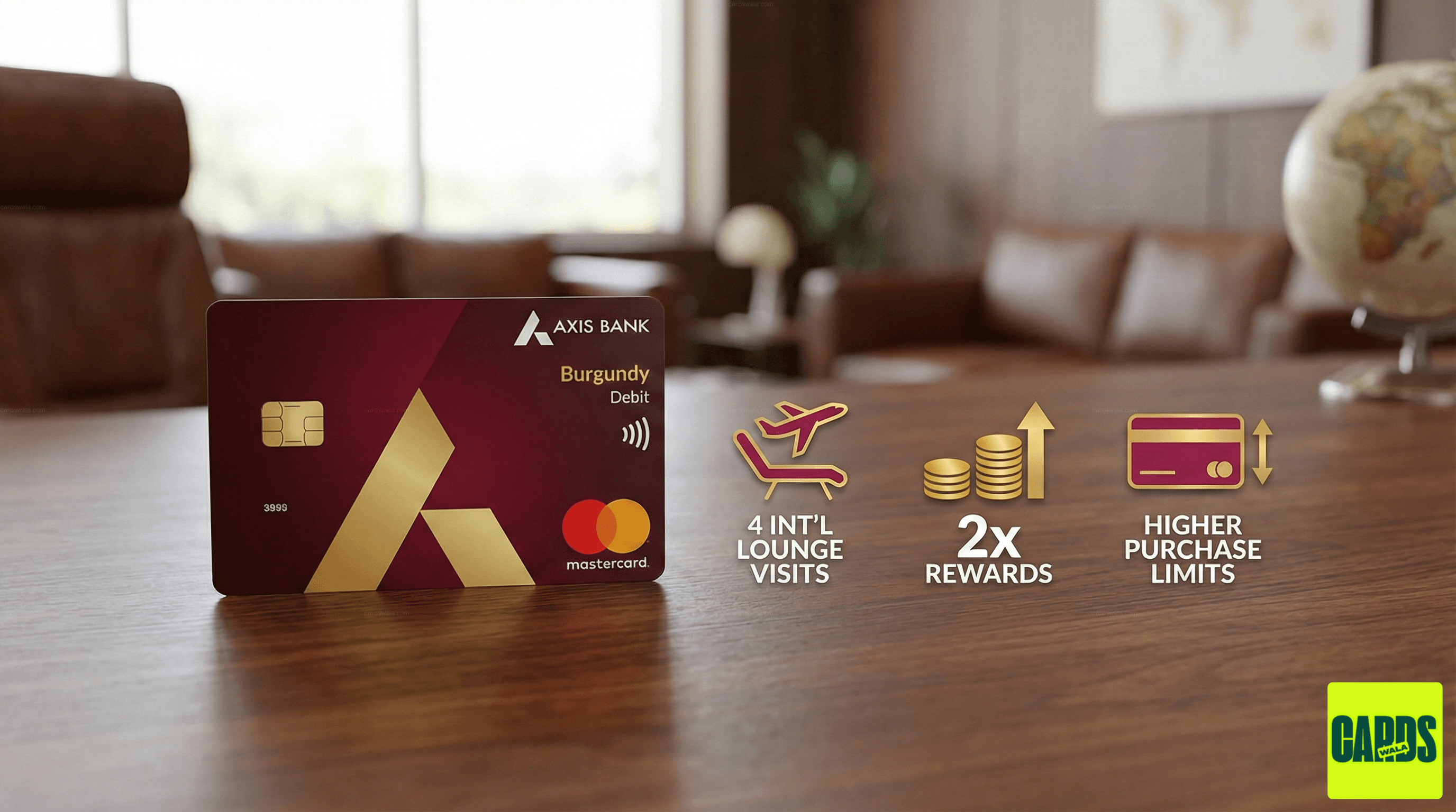 The refreshed Axis Bank Burgundy Debit Card displayed with icons representing international lounge access, higher reward points, and increased transaction limits.