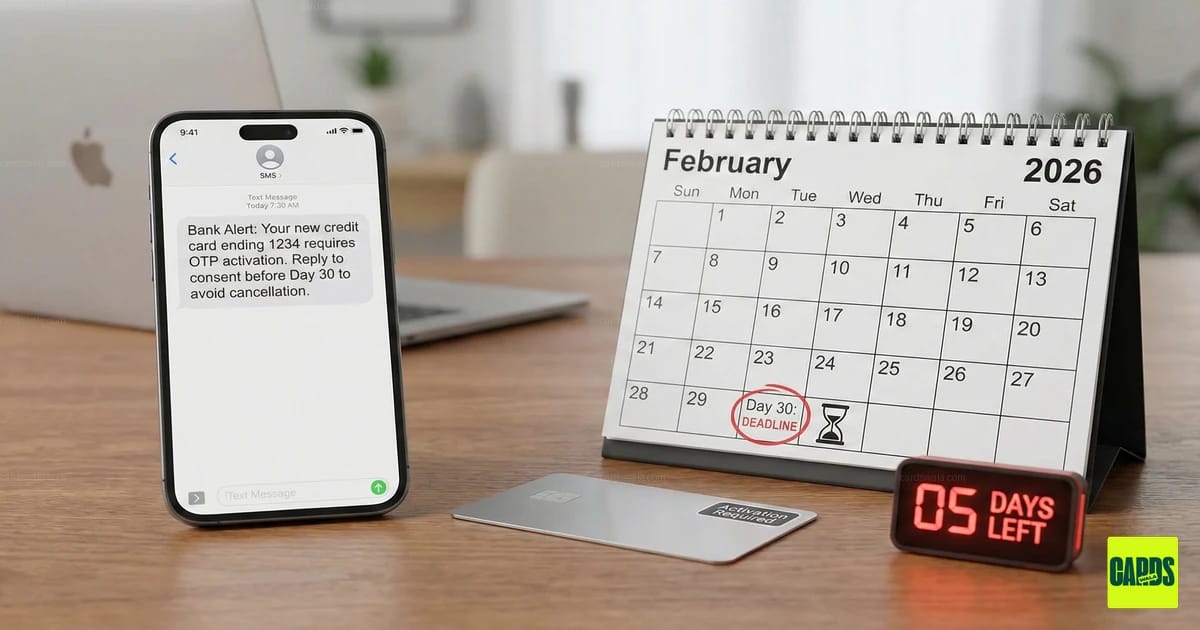 A smartphone showing an OTP notification next to an unactivated credit card and a 30-day calendar, symbolizing the RBI activation rule.