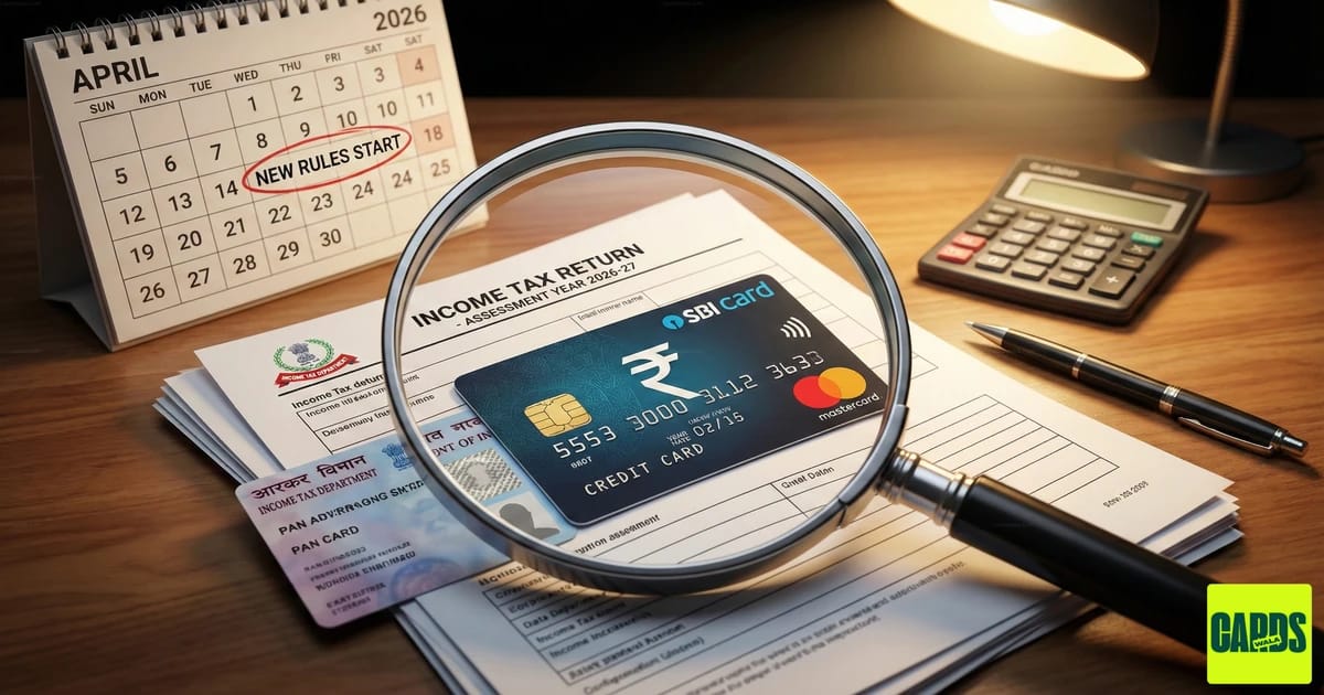 A magnifying glass focusing on a credit card lying on top of Income Tax documents, symbolizing increased scrutiny and new rules.