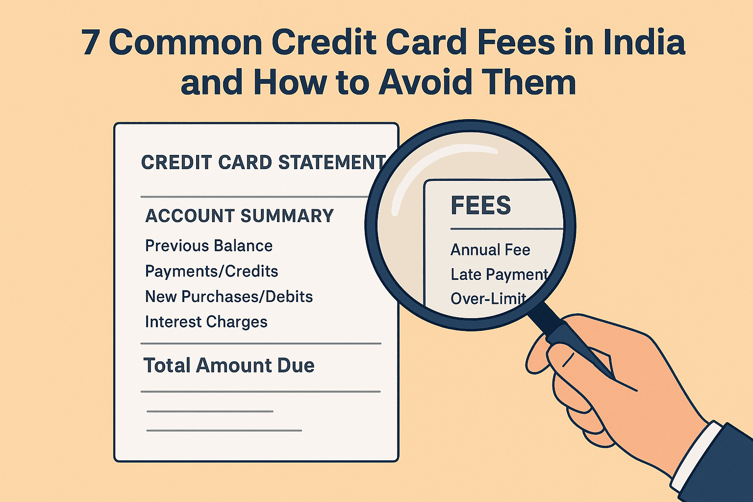 Magnifying glass examining a credit card statement with various fees highlighted, representing the need to understand charges in India.
