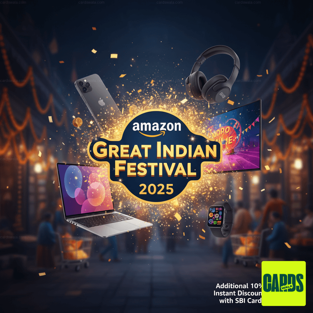 The Amazon Great Indian Festival 2025 logo with images of popular products like smartphones and laptops on sale.