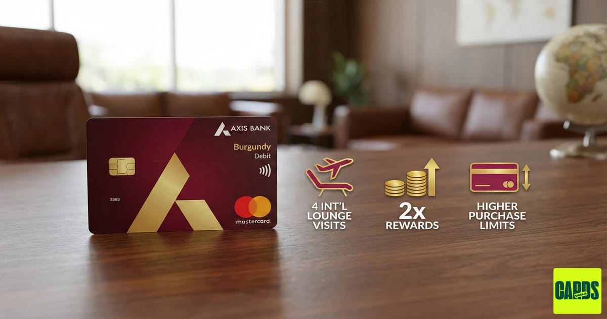 The refreshed Axis Bank Burgundy Debit Card displayed with icons representing international lounge access, higher reward points, and increased transaction limits.