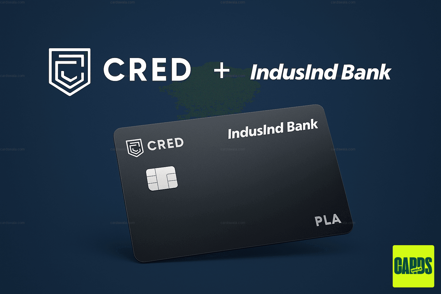 The logos of CRED and IndusInd Bank joined by a plus sign, with a sleek co-branded credit card in the foreground.