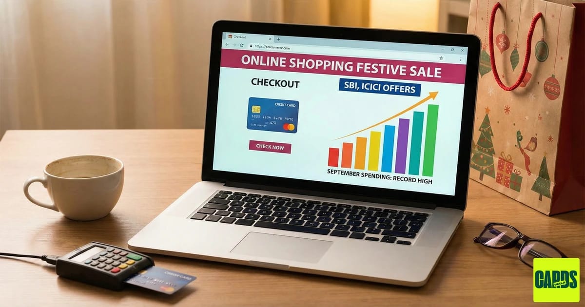 A laptop screen showing an online shopping cart with a credit card and a rising graph, symbolizing the record-breaking digital spending in September.
