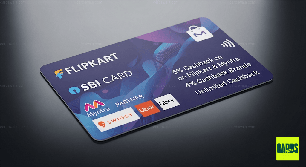 The Flipkart SBI Card displayed with logos of Flipkart, Myntra, and other partner brands, highlighting its shopping and cashback benefits.