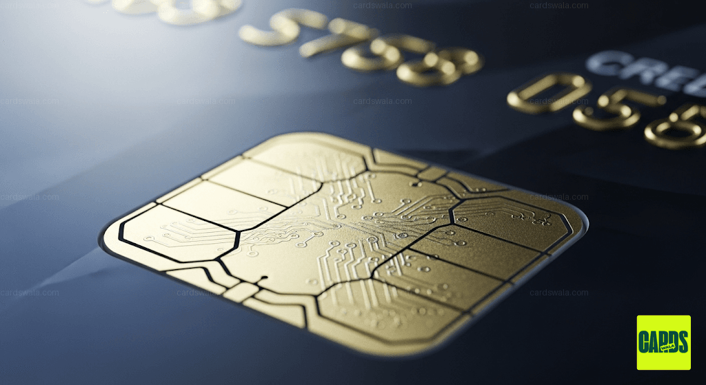 A close-up of the gold EMV chip on a credit card, symbolizing enhanced payment security and fraud protection.