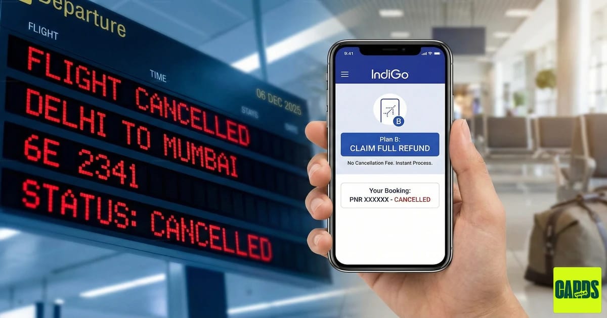 A smartphone screen displaying the IndiGo 'Plan B' option for a full refund next to a departure board showing cancelled flights.