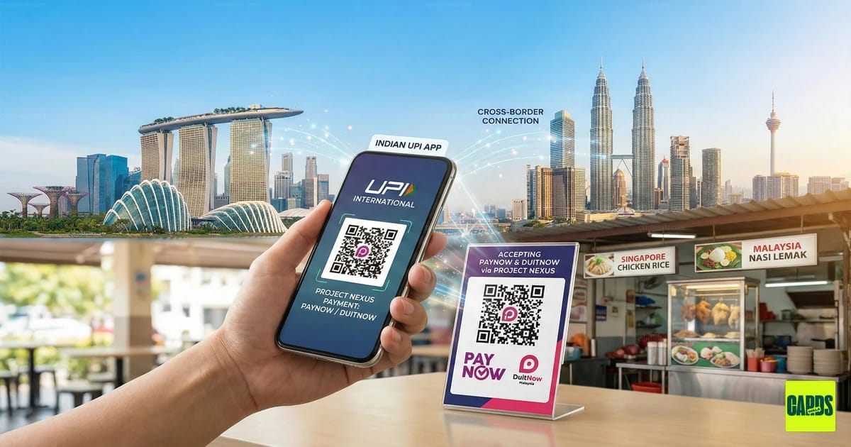 A smartphone scanning a PayNow or DuitNow QR code with an Indian UPI app, featuring the skylines of Singapore and Malaysia in the background to symbolize cross-border payments.