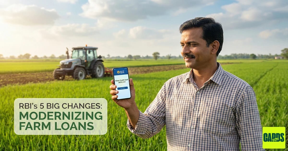 A farmer standing in a lush field looking at a smartphone with a tractor in the background, representing the modernization of the Kisan Credit Card scheme.