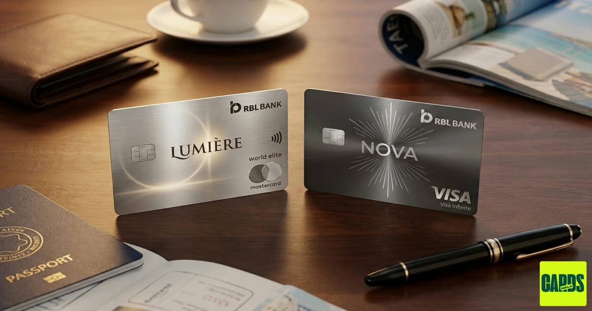 The RBL Bank LUMIÈRE and NOVA metal credit cards displayed side-by-side, showcasing their premium design and luxury features.