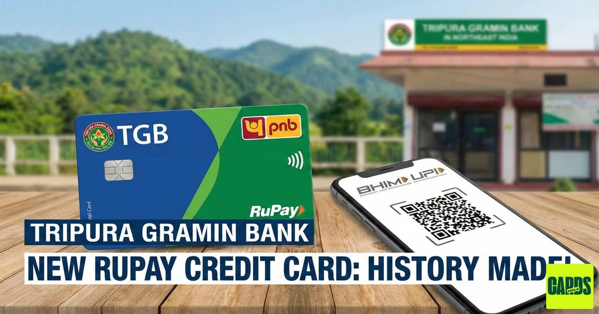 The new Tripura Gramin Bank RuPay Credit Card displayed with the PNB logo, highlighting its UPI compatibility and scan-and-pay feature.
