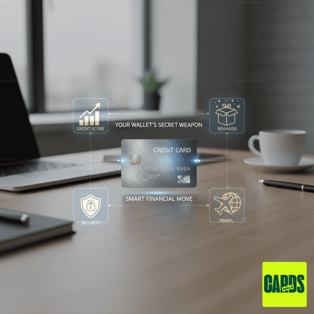 A credit card surrounded by icons representing its benefits: a rising graph (credit score), a gift box (rewards), a shield (security), and an airplane (travel).