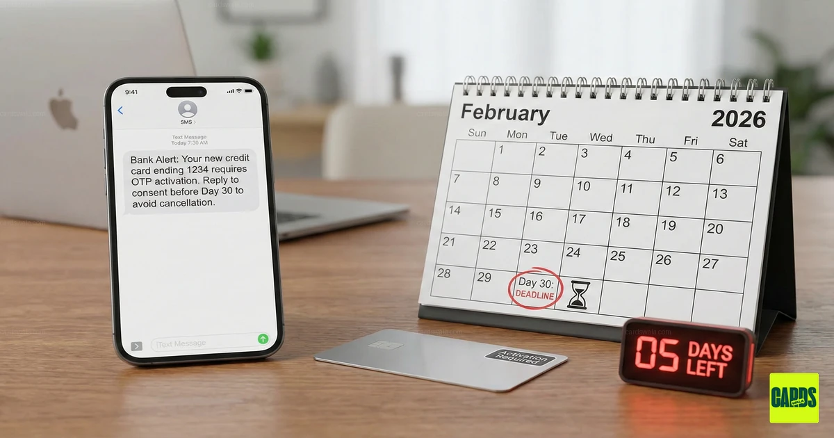 A smartphone showing an OTP notification next to an unactivated credit card and a 30-day calendar, symbolizing the RBI activation rule.
