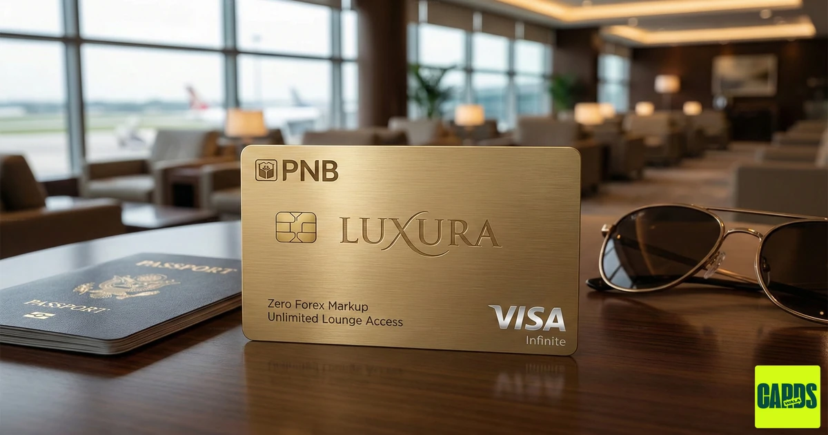 The premium PNB Luxura Metal Credit Card displayed with the Visa Infinite logo, highlighting features like Zero Forex Markup and airport lounge access.