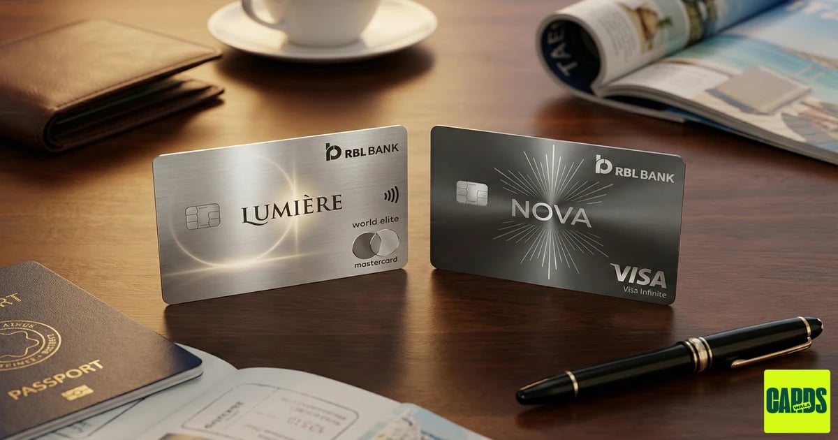 The RBL Bank LUMIÈRE and NOVA metal credit cards displayed side-by-side, showcasing their premium design and luxury features.