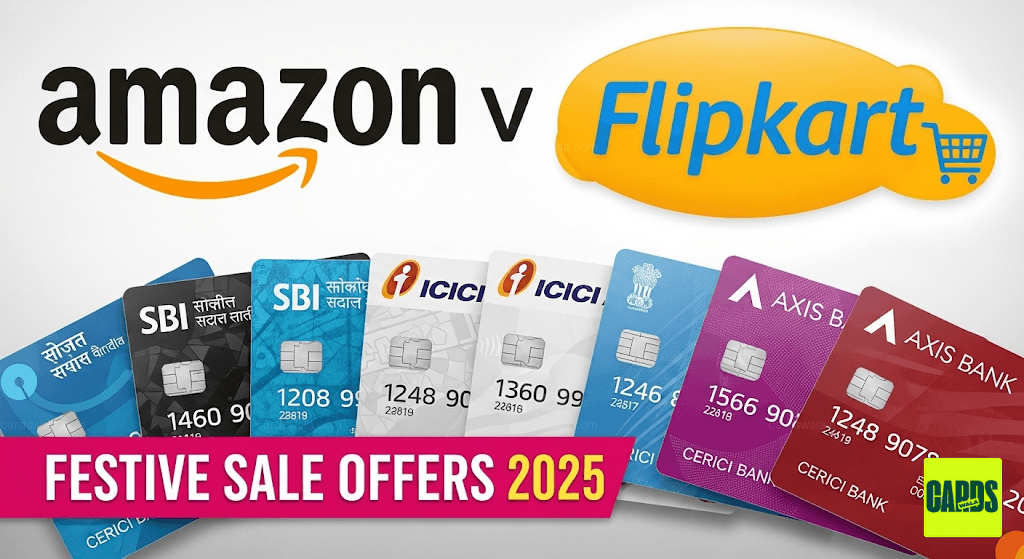 Logos of Amazon and Flipkart with various credit cards like SBI, ICICI, and Axis Bank, symbolizing the festive sale offers for 2025. Logos of Amazon and Flipkart with various credit cards like SBI, ICICI, and Axis Bank, symbolizing the festive sale offers for 2025.