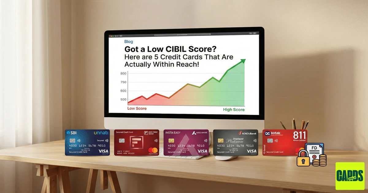 A selection of secured credit cards from SBI, IDFC, Axis, ICICI, and Kotak displayed against a rising credit score graph, symbolizing financial recovery. A selection of secured credit cards from SBI, IDFC, Axis, ICICI, and Kotak displayed against a rising credit score graph, symbolizing financial recovery.