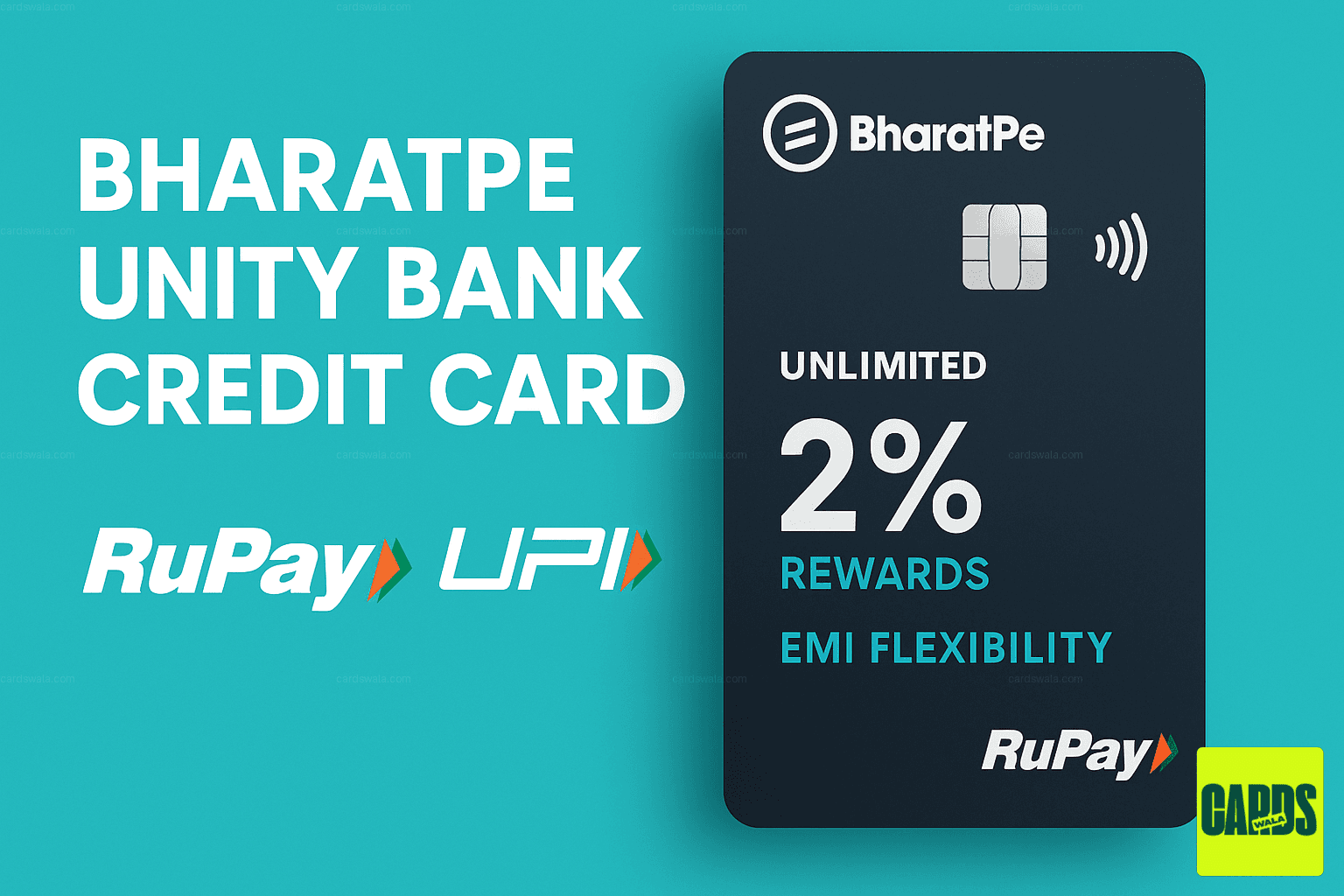 The BharatPe Unity Bank Credit Card displayed with the RuPay and UPI logos, highlighting its features like 2% rewards and EMI flexibility. The BharatPe Unity Bank Credit Card displayed with the RuPay and UPI logos, highlighting its features like 2% rewards and EMI flexibility.