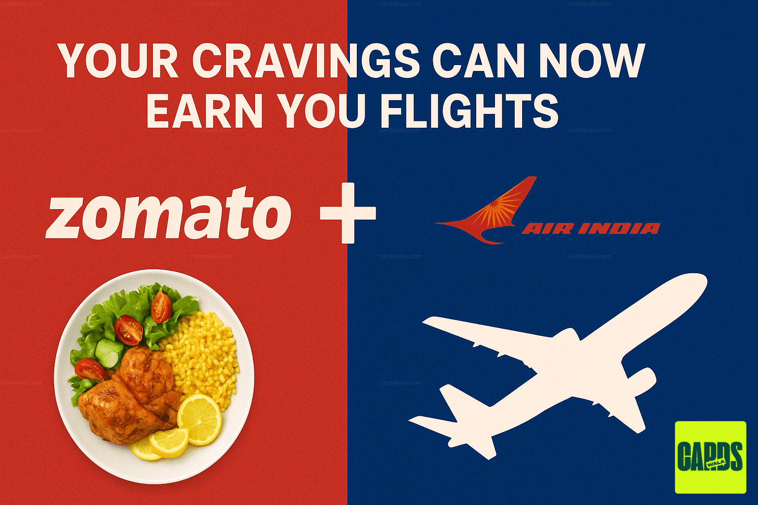 The logos of Zomato and Air India joined by a plus sign, with a plate of food on one side and an airplane on the other, symbolizing the new partnership. The logos of Zomato and Air India joined by a plus sign, with a plate of food on one side and an airplane on the other, symbolizing the new partnership.