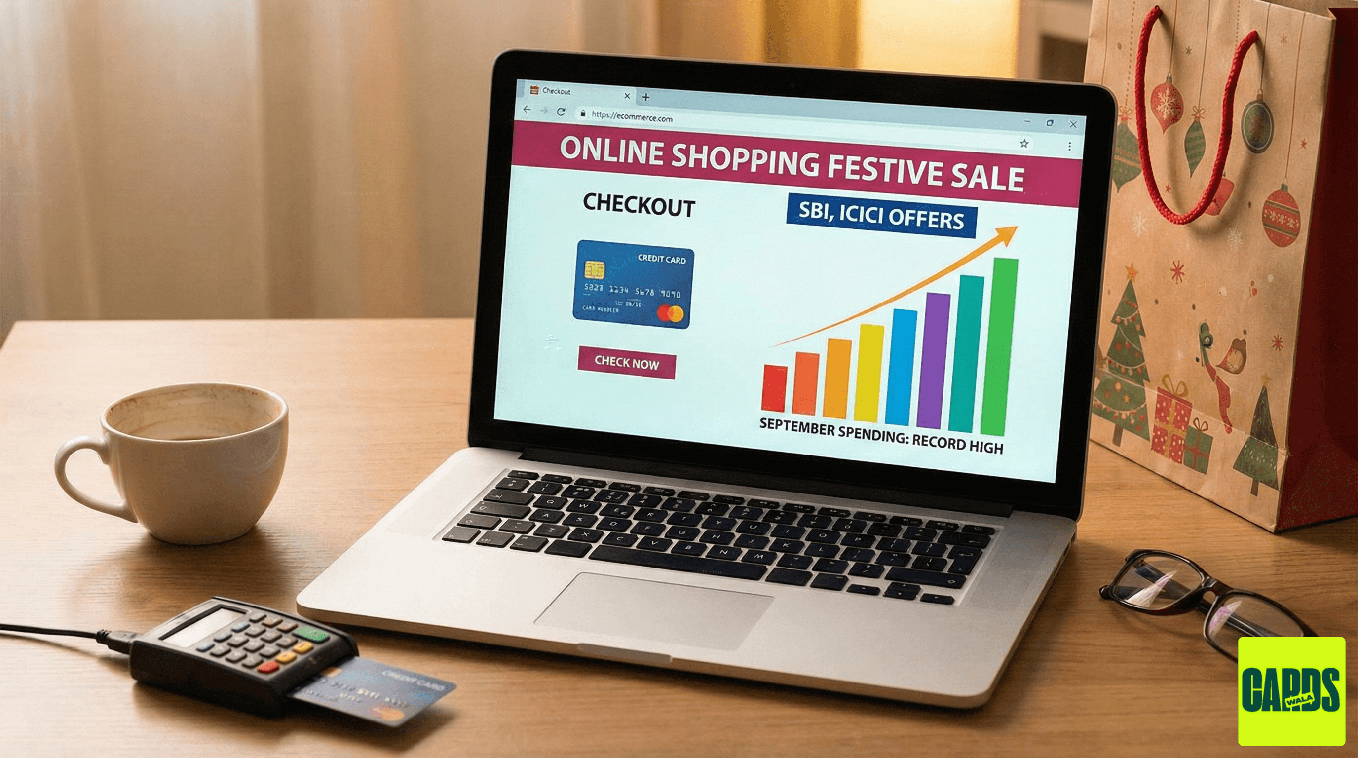 A laptop screen showing an online shopping cart with a credit card and a rising graph, symbolizing the record-breaking digital spending in September. A laptop screen showing an online shopping cart with a credit card and a rising graph, symbolizing the record-breaking digital spending in September.