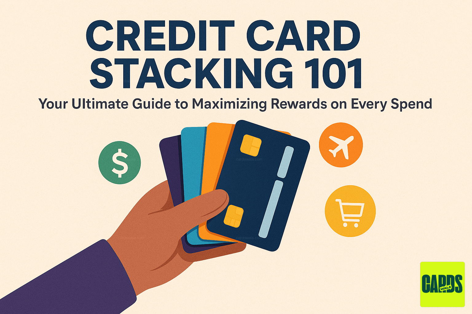 A hand holding a fan of several different credit cards, with icons for cashback, travel, and shopping, illustrating the credit card stacking strategy. A hand holding a fan of several different credit cards, with icons for cashback, travel, and shopping, illustrating the credit card stacking strategy.