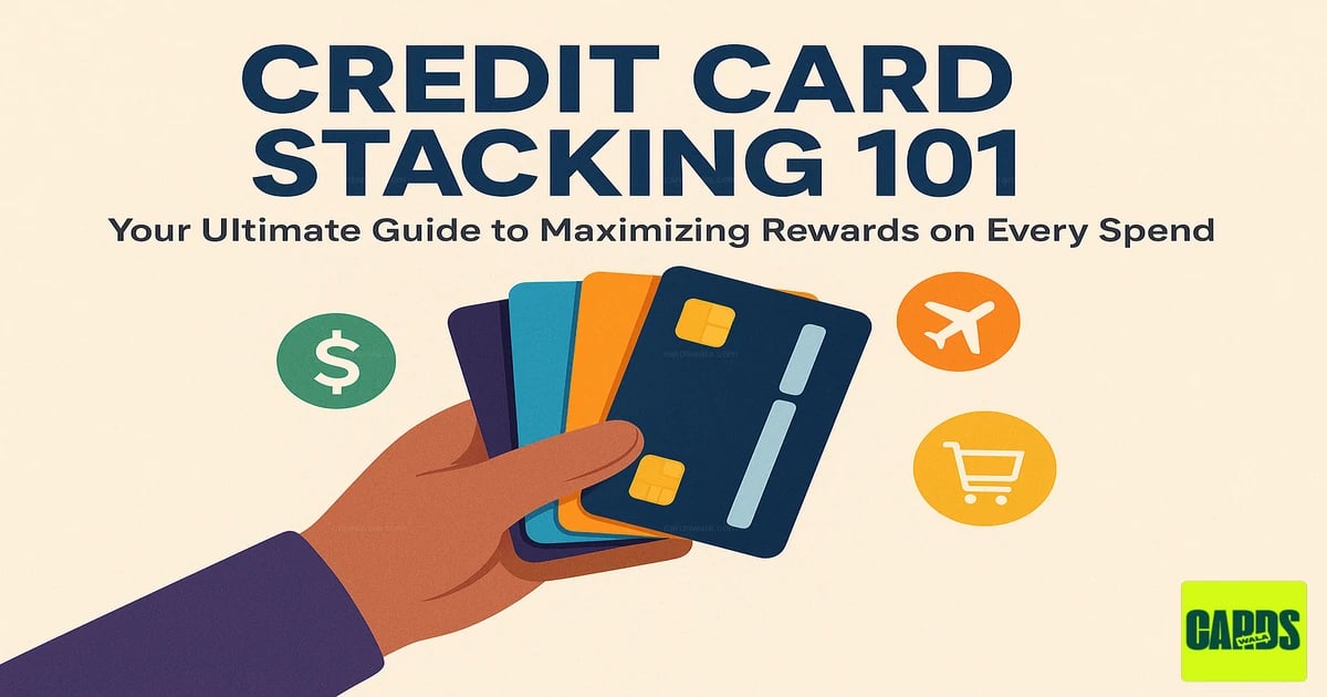 A hand holding a fan of several different credit cards, with icons for cashback, travel, and shopping, illustrating the credit card stacking strategy. A hand holding a fan of several different credit cards, with icons for cashback, travel, and shopping, illustrating the credit card stacking strategy.