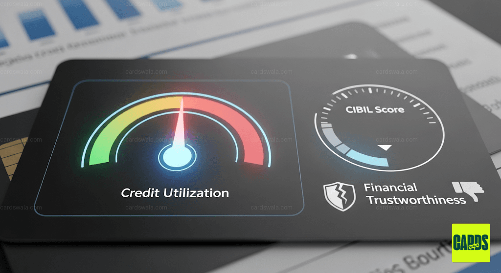 Visual representation of credit utilization ratio on a credit card, indicating its direct impact on CIBIL score and financial trustworthiness. Visual representation of credit utilization ratio on a credit card, indicating its direct impact on CIBIL score and financial trustworthiness.