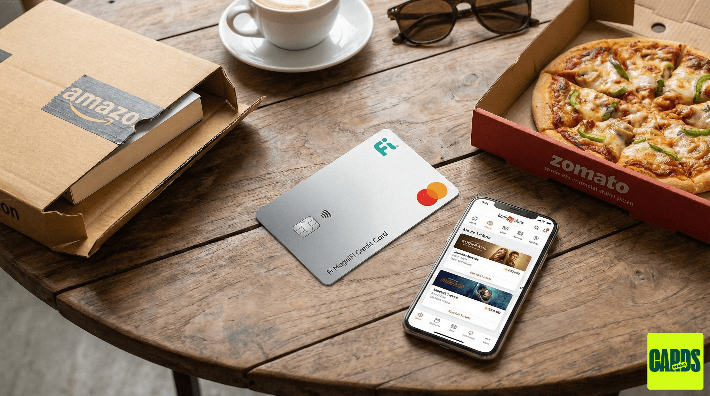 The Fi MagniFi Credit Card displayed with icons for Zomato, Amazon, and BookMyShow, symbolizing its special weekend discount features. The Fi MagniFi Credit Card displayed with icons for Zomato, Amazon, and BookMyShow, symbolizing its special weekend discount features.