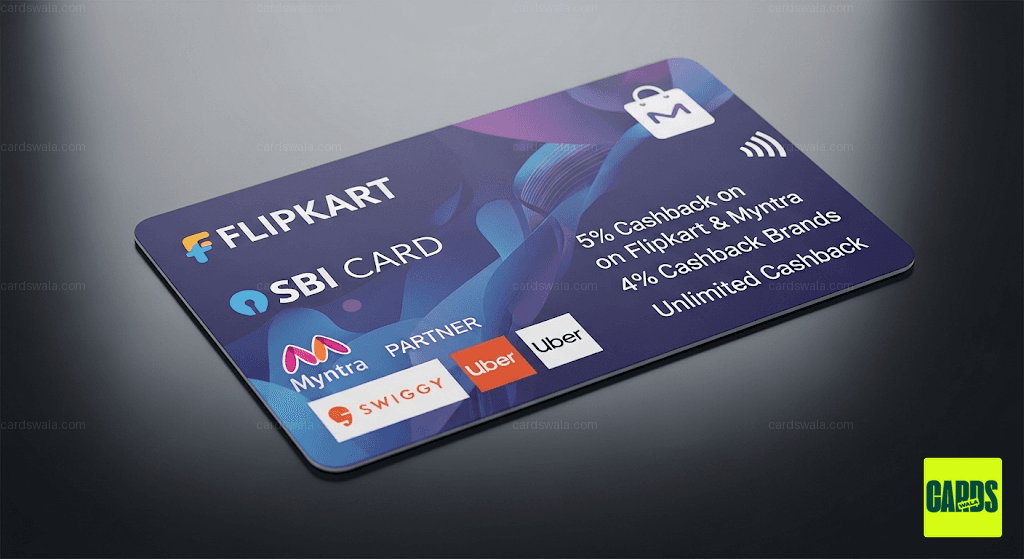 The Flipkart SBI Card displayed with logos of Flipkart, Myntra, and other partner brands, highlighting its shopping and cashback benefits. The Flipkart SBI Card displayed with logos of Flipkart, Myntra, and other partner brands, highlighting its shopping and cashback benefits.