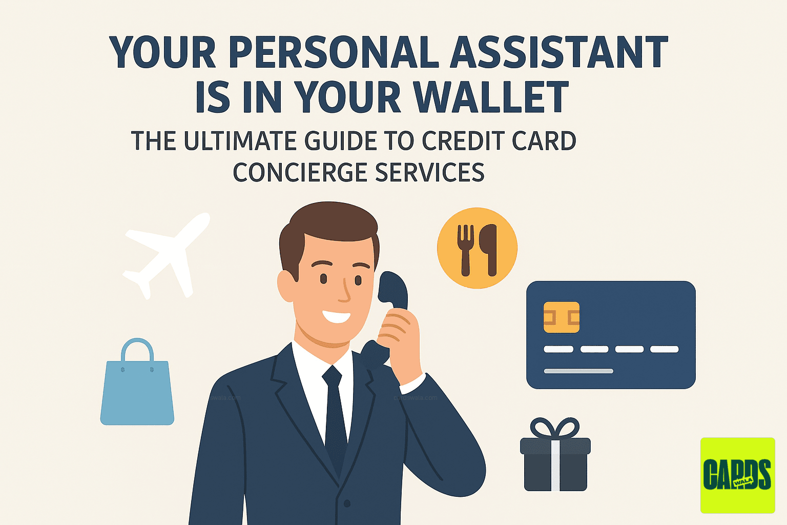 A concierge professional on the phone, with icons for travel, dining, and shopping floating around, symbolizing credit card concierge services. A concierge professional on the phone, with icons for travel, dining, and shopping floating around, symbolizing credit card concierge services.