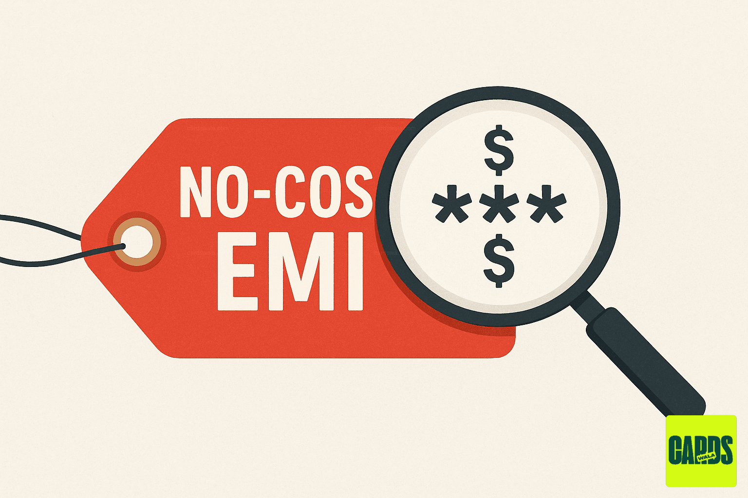 A price tag showing 'No-Cost EMI' with a magnifying glass revealing hidden fees and asterisks, explaining the truth about the offer. A price tag showing 'No-Cost EMI' with a magnifying glass revealing hidden fees and asterisks, explaining the truth about the offer.