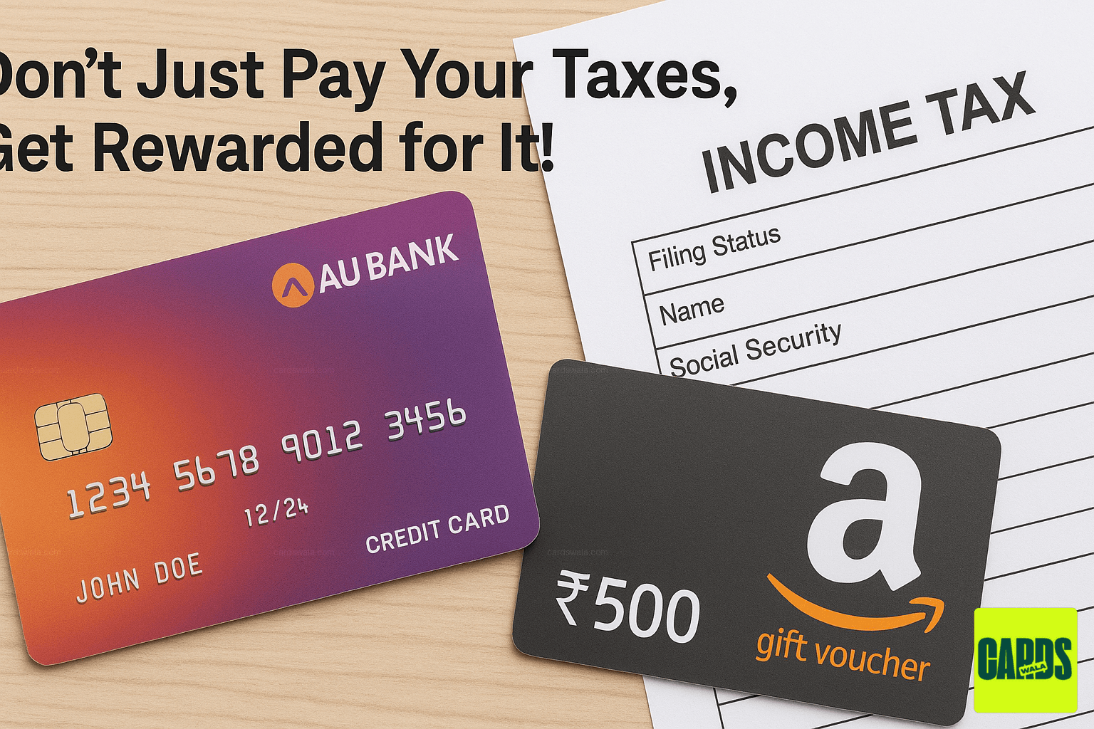 An AU Bank credit card next to an income tax form and an Amazon gift voucher, illustrating the reward offer. An AU Bank credit card next to an income tax form and an Amazon gift voucher, illustrating the reward offer.