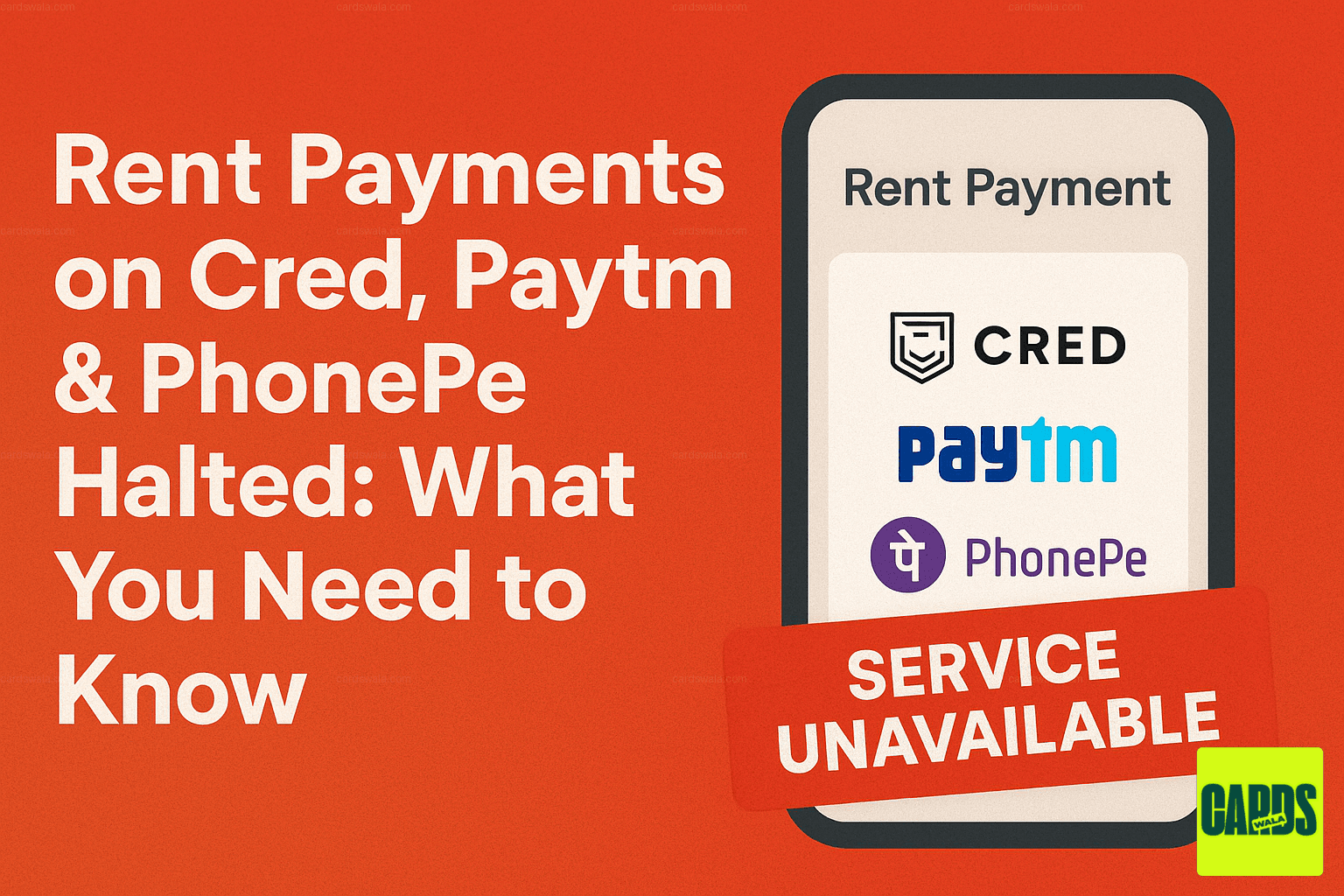 Smartphone screen showing the logos of Cred, Paytm, and PhonePe with a 'Service Unavailable' message on a rent payment page. Smartphone screen showing the logos of Cred, Paytm, and PhonePe with a 'Service Unavailable' message on a rent payment page.