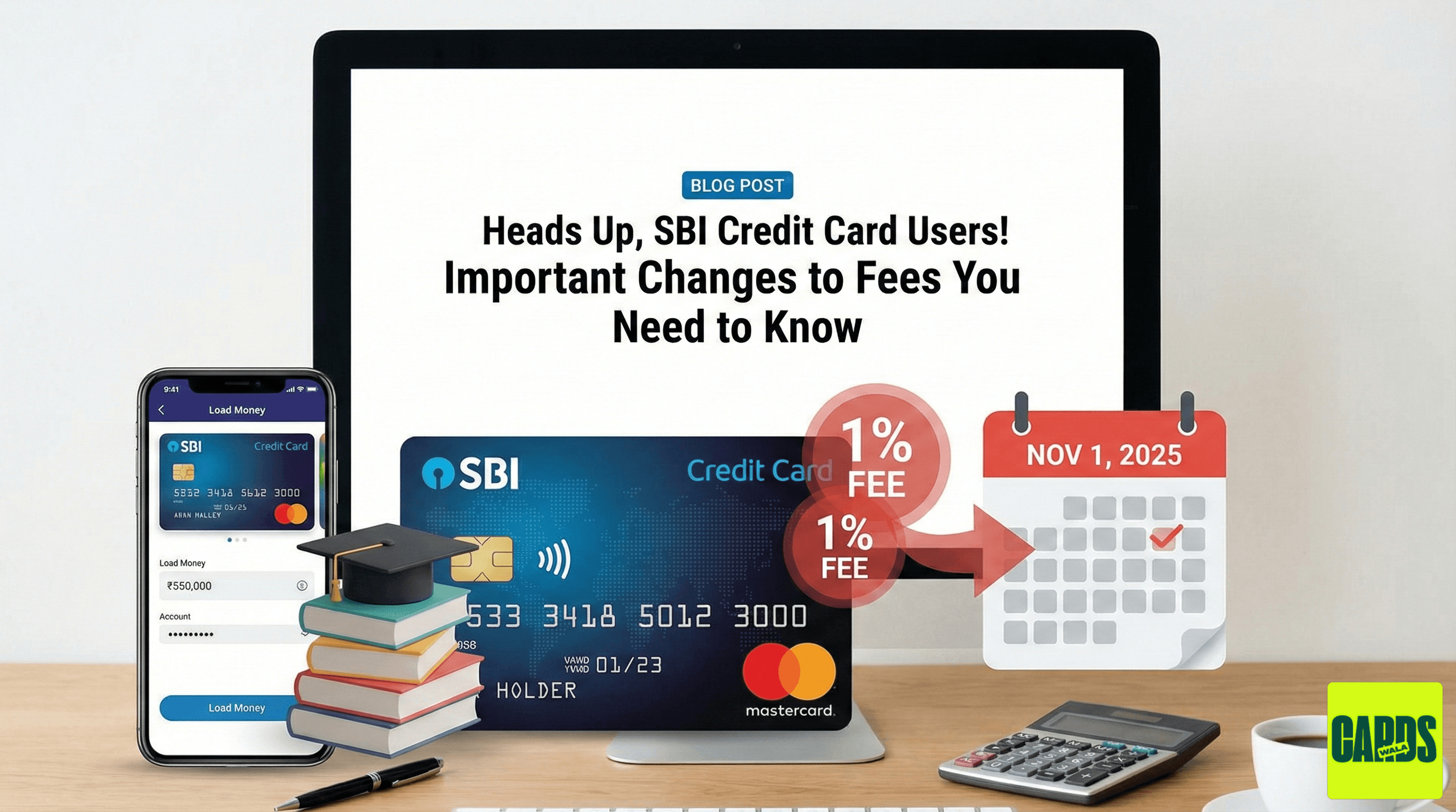 An SBI Credit Card displayed with icons for education payments and digital wallets, highlighting the new 1% transaction fees effective November 2025. An SBI Credit Card displayed with icons for education payments and digital wallets, highlighting the new 1% transaction fees effective November 2025.