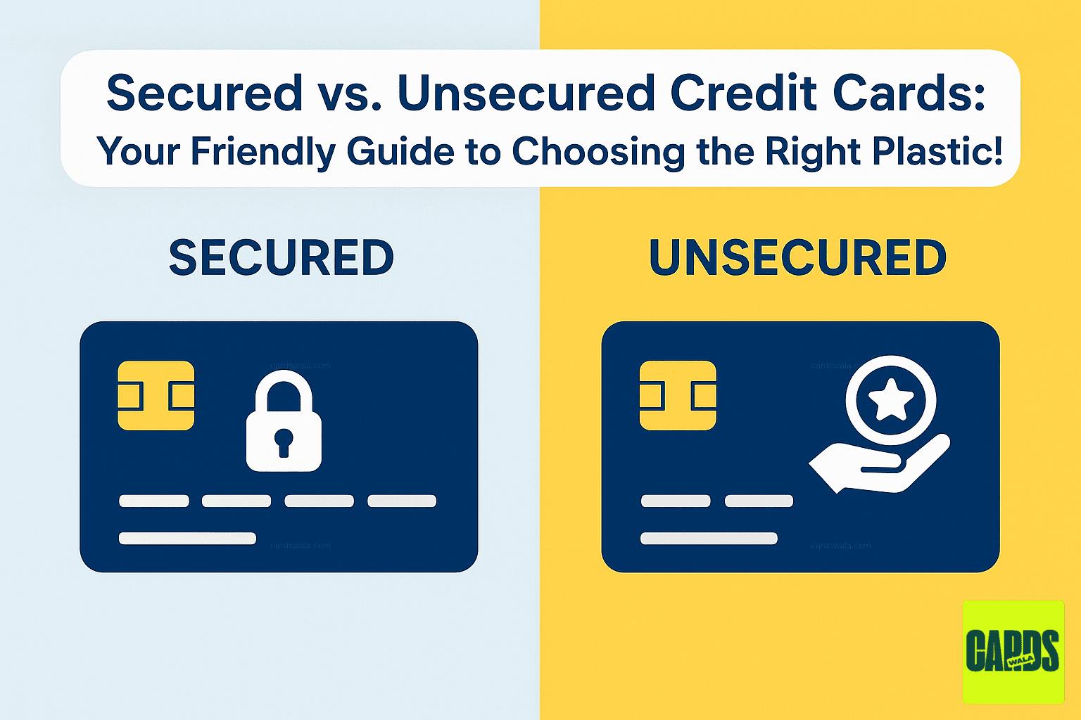 A split image showing a secured credit card with a lock icon on one side and an unsecured credit card with a rewards icon on the other. A split image showing a secured credit card with a lock icon on one side and an unsecured credit card with a rewards icon on the other.