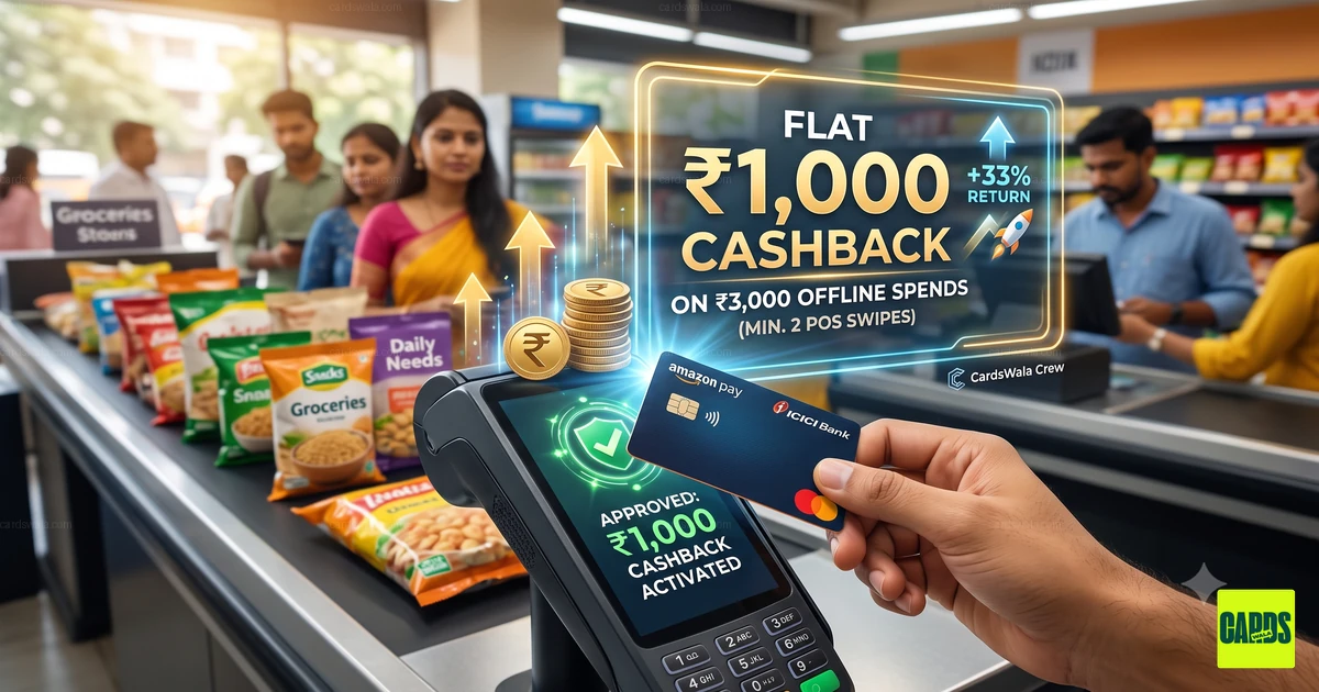 ஆஃப்லைன் செலவுகளில் நேரடி ₹1,000 கேஷ்பேக்கை விளம்பரப்படுத்த POS பணம் செலுத்தும் இயந்திரத்தில் வைக்கப்பட்ட Amazon Pay ICICI கிரெடிட் கார்டு.