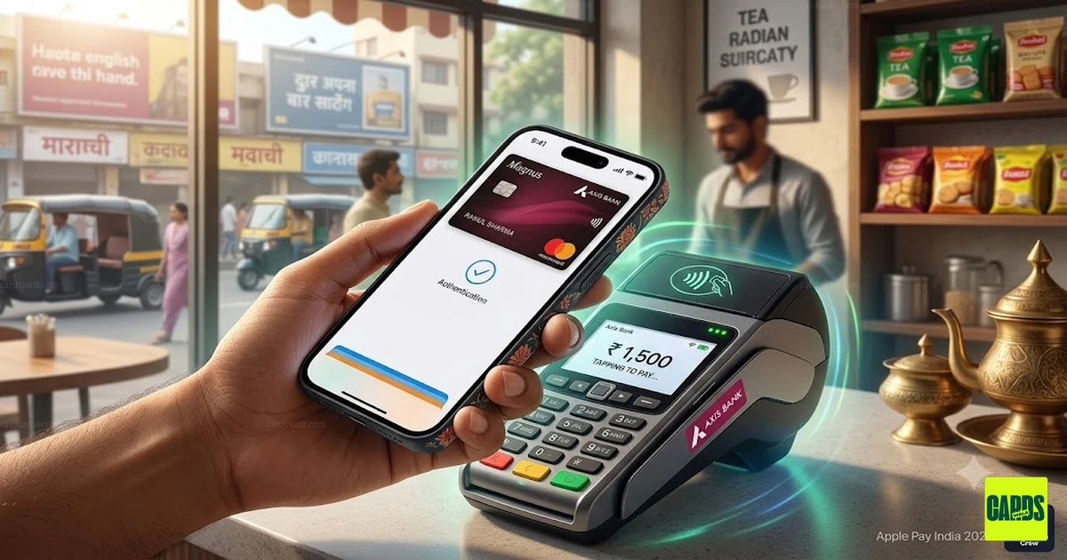 iPhone displaying Apple Pay with a credit card being used for a contactless payment in India.