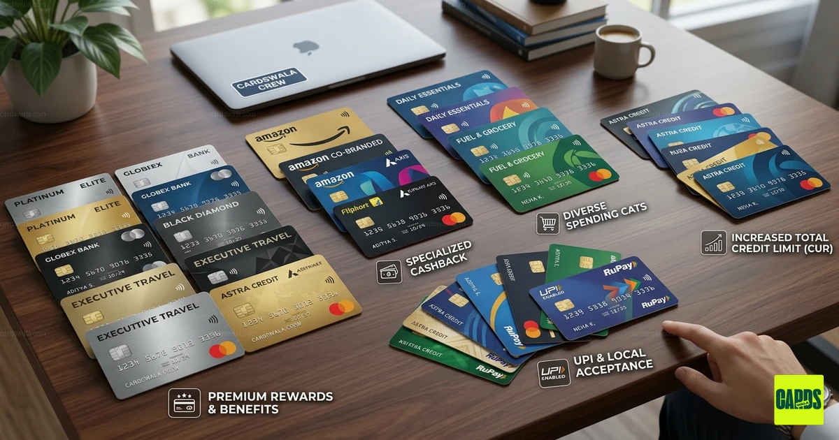 A collection of diverse credit cards representing a optimized multi-card financial strategy A collection of diverse credit cards representing a optimized multi-card financial strategy