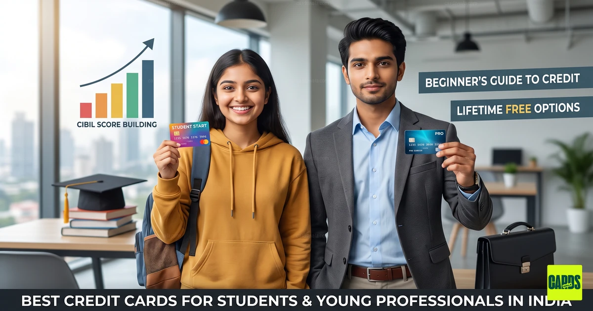A student and a young professional each holding a credit card with a graduation cap and briefcase in the background.