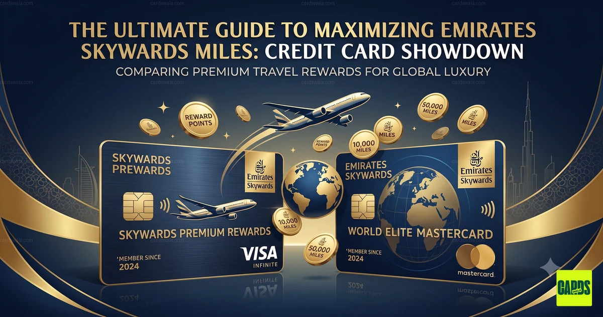 Emirates airplane window view with Skywards miles card and travel icons for earning airline miles in India.