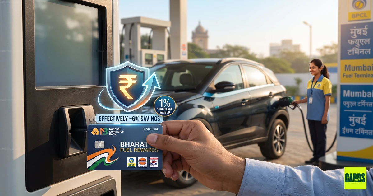 A car at a petrol pump with fuel credit cards shown in the foreground highlighting savings.