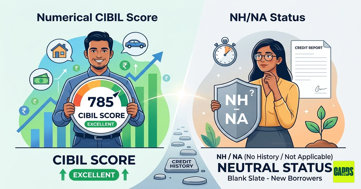 नए उधारकर्ताओं के लिए संख्यात्मक सिबिल स्कोर और एनएच/एनए तटस्थ स्थिति के बीच अंतर को दर्शाने वाला चित्रण। नए उधारकर्ताओं के लिए संख्यात्मक सिबिल स्कोर और एनएच/एनए तटस्थ स्थिति के बीच अंतर को दर्शाने वाला चित्रण।