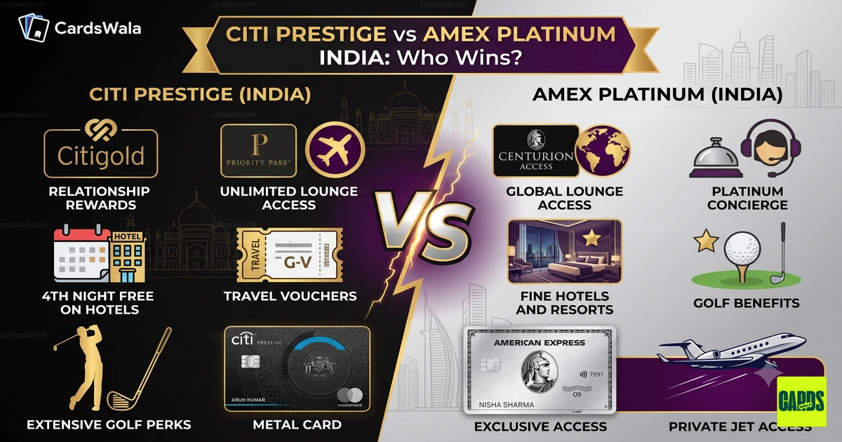 Two luxury metal credit cards facing each other with hotel, golf and lounge symbols representing the prestige card duel.