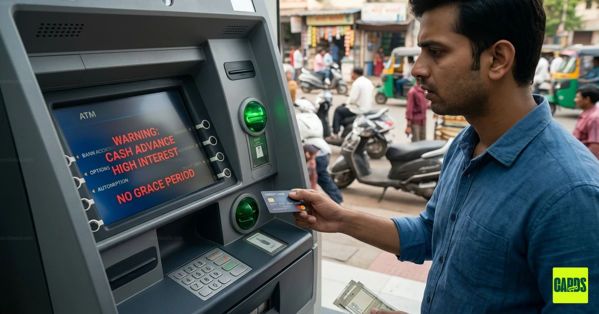 A person withdrawing cash from an ATM using a credit card highlighting the high-interest trap