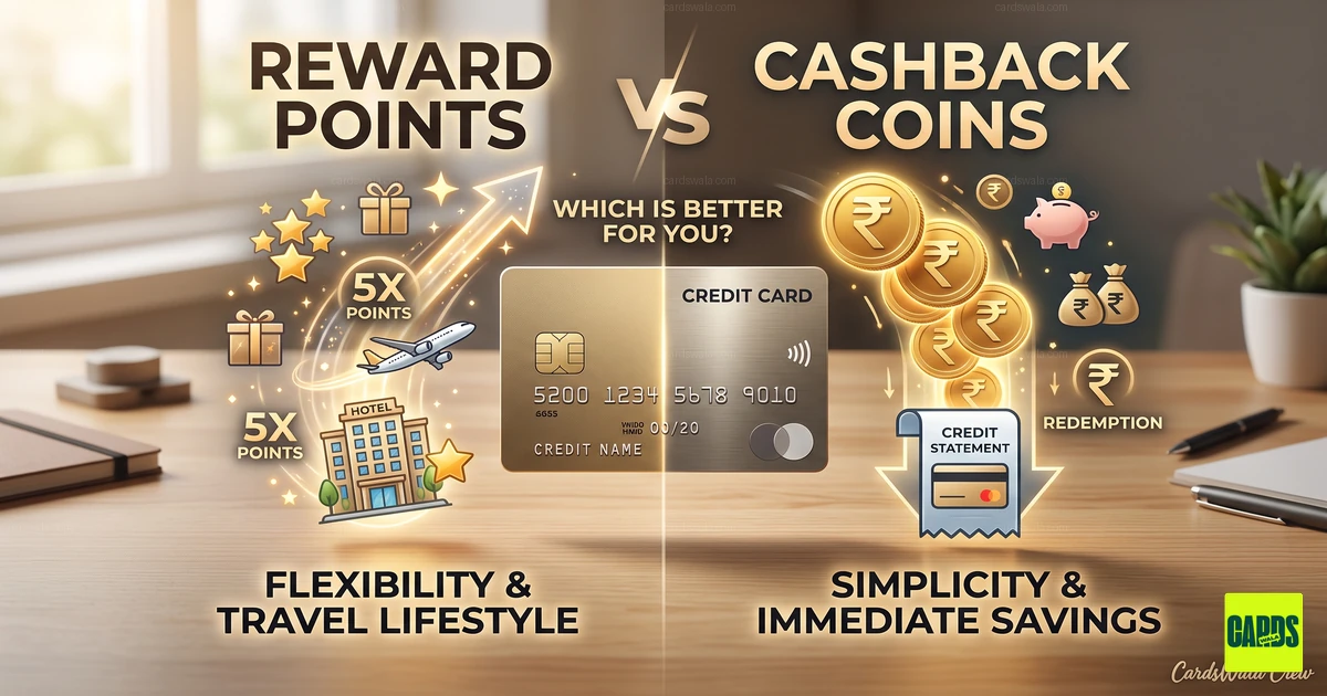 Comparison illustration showing reward points on one side and cashback coins on the other side of a credit card.