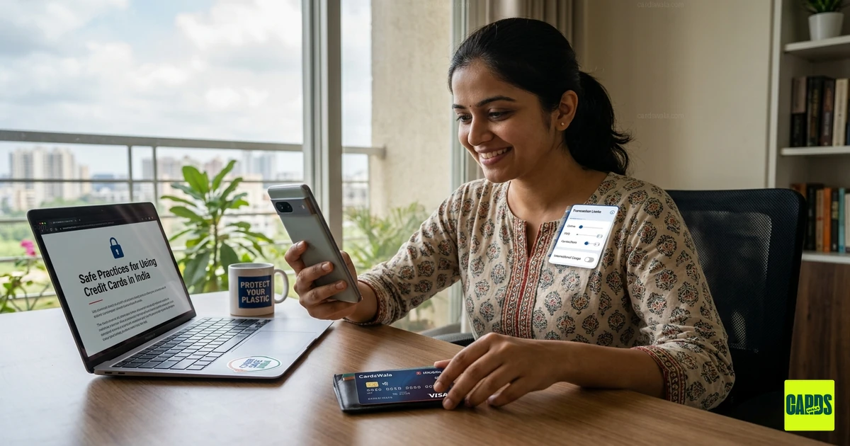 A person securely managing credit card limits and international usage via a mobile banking app