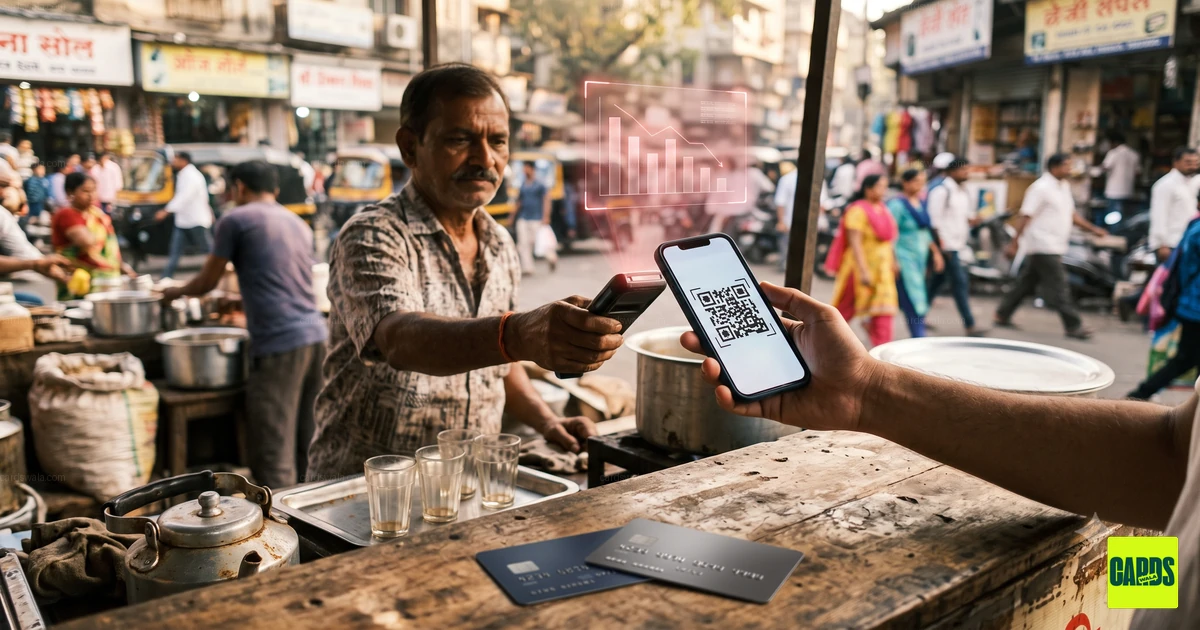 A smartphone scanning a UPI QR code beside credit cards with a declining chart, showing credit cards losing share in India's digital payments. A smartphone scanning a UPI QR code beside credit cards with a declining chart, showing credit cards losing share in India's digital payments.