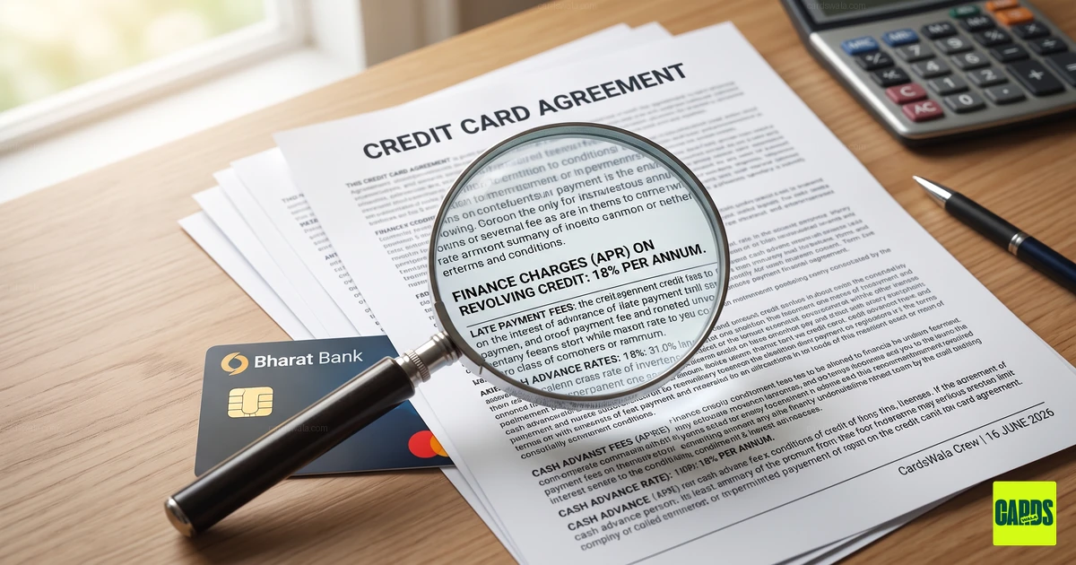 A magnifying glass examining the fine print of a credit card agreement focusing on interest rates.