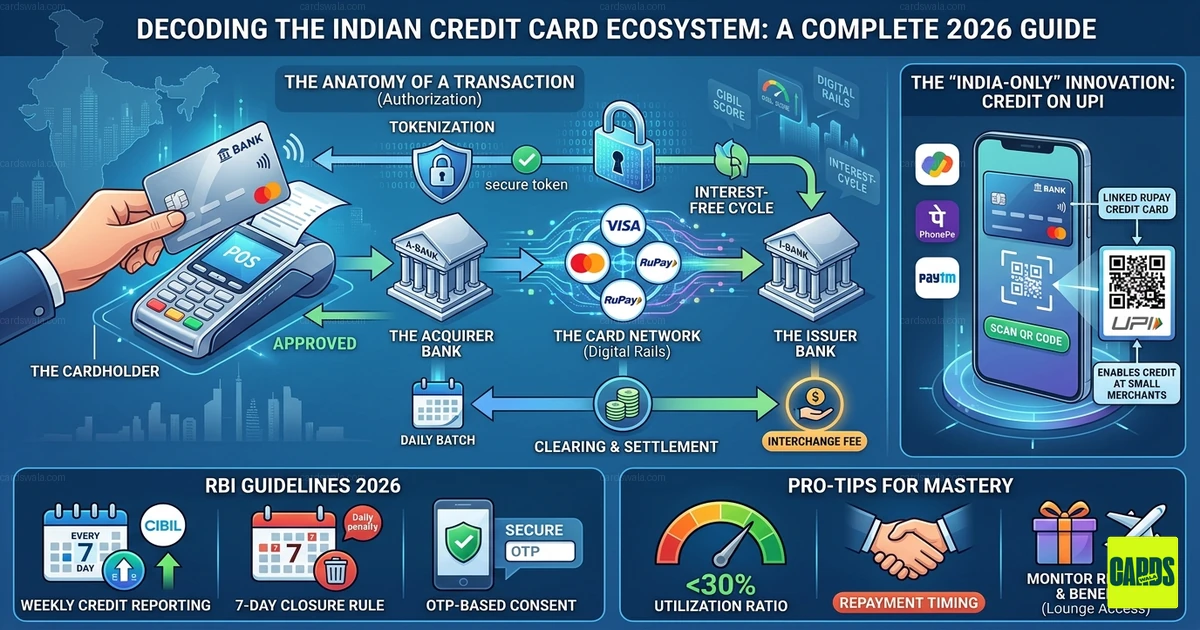 An infographic showing the digital rails of the Indian payment ecosystem connecting banks, networks, and UPI